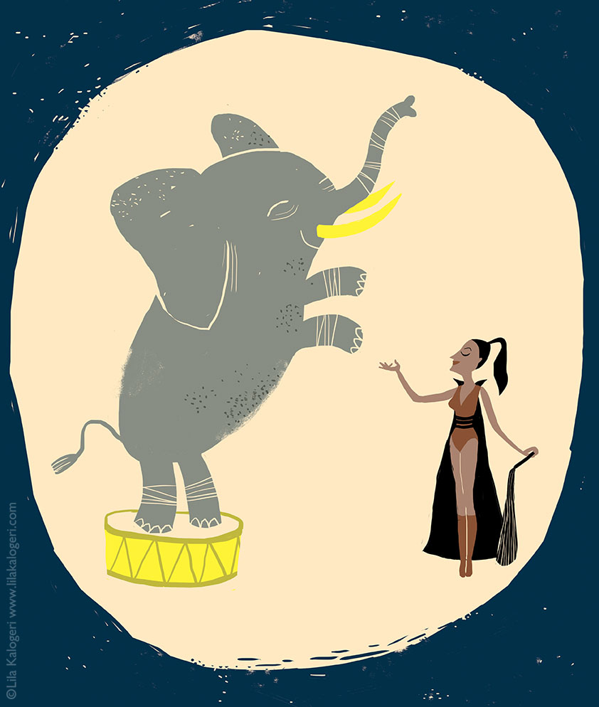 Lila Kalogeri cat illustration children's book double spread kids playful colorful art design illustration artist illustrate elephant circus