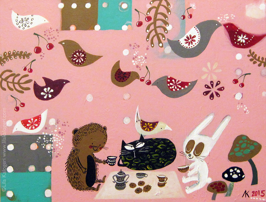 painting illustration children's colour art design Lila Kalogeri illustrator artist rabbit tea birds 