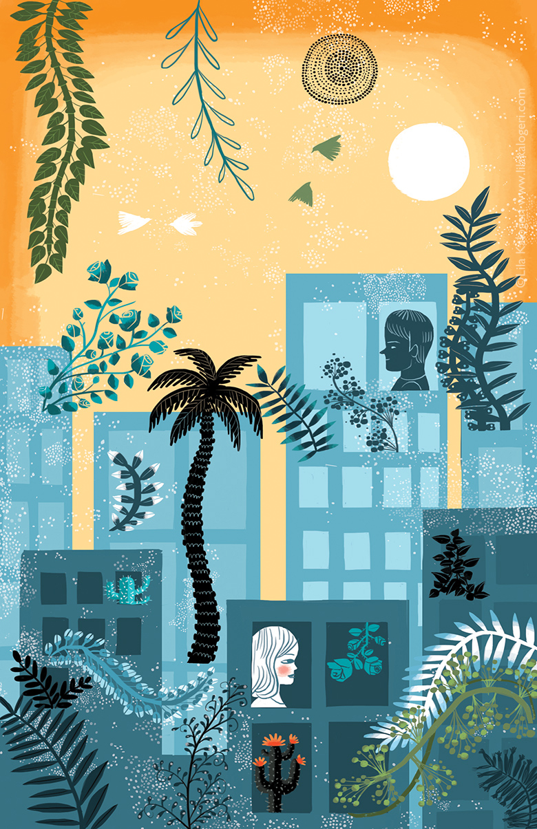 illustration editorial cityscape couple spring Lila kalogeri