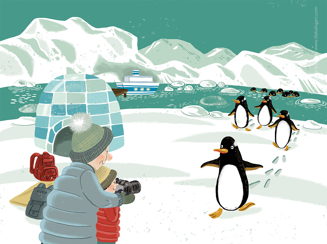 kid illustration color play grandad grandson north pole penguins