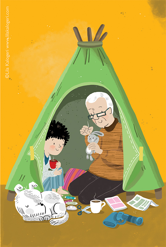 kid illustration color play grandad grandson tent sewing relaxing