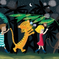illustration night trees tiger kids