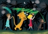 illustration night trees tiger kids